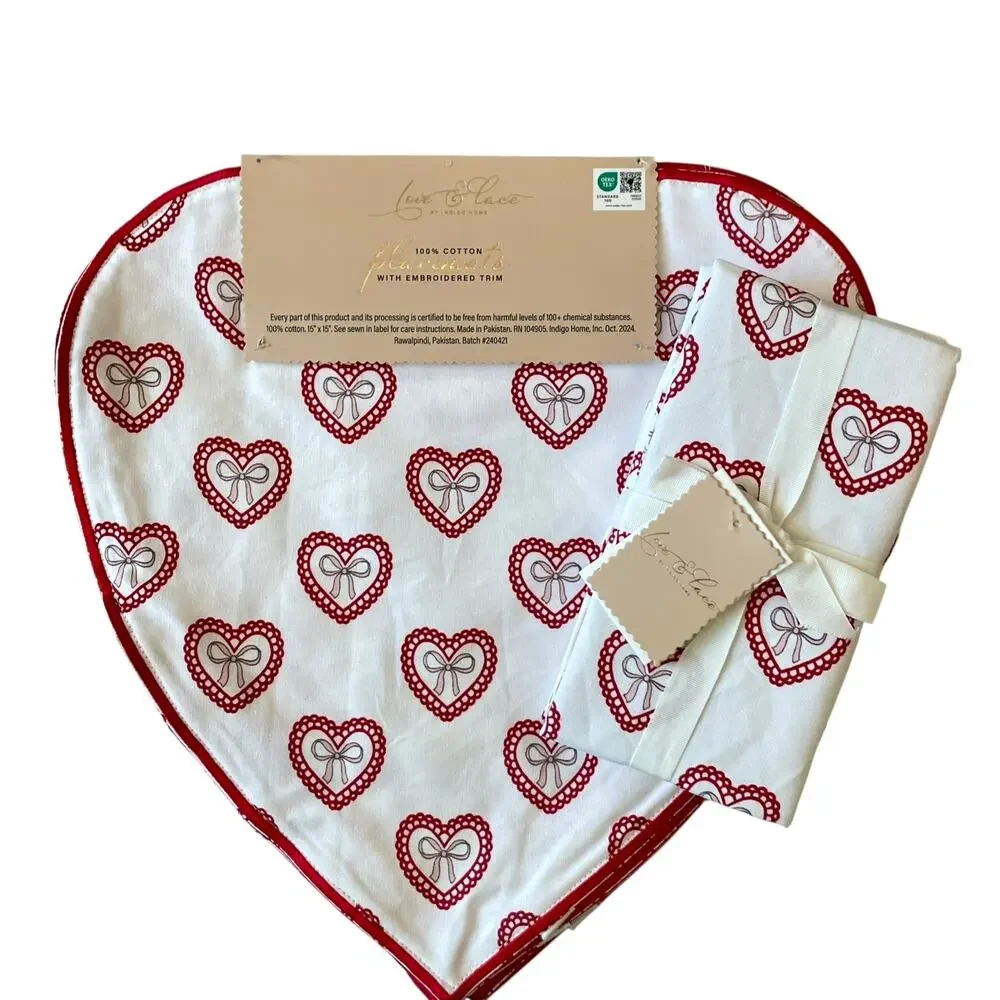 8pc Valentine Heart Placemat & Napkin Set 15in Cotton Pink Red White Love XO NEW
